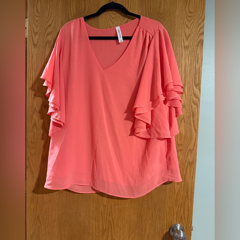 Zenana Outfitters Tropical Orange Ruffle Sleeve Blouse